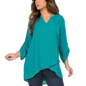 NWT Fever Women V Neck Hi-Lo Long Sleeve Lightweight Blouse Green 2XL $60 Z954